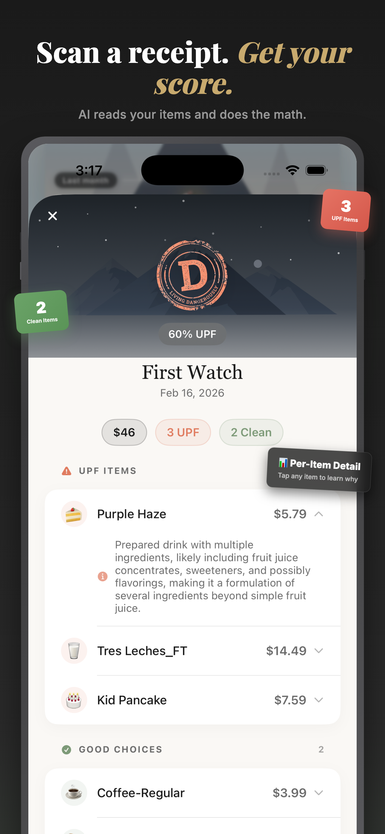 Receipt detail view showing item-by-item UPF classification